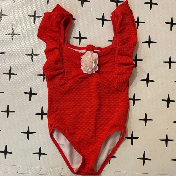 Janie and Jack Red One-Piece Swimsuit with Flower Accent - Picture 1 of 4